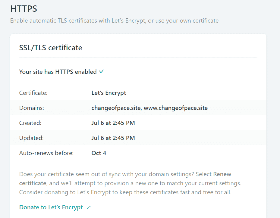 NetlifyのHTTPS対応画面